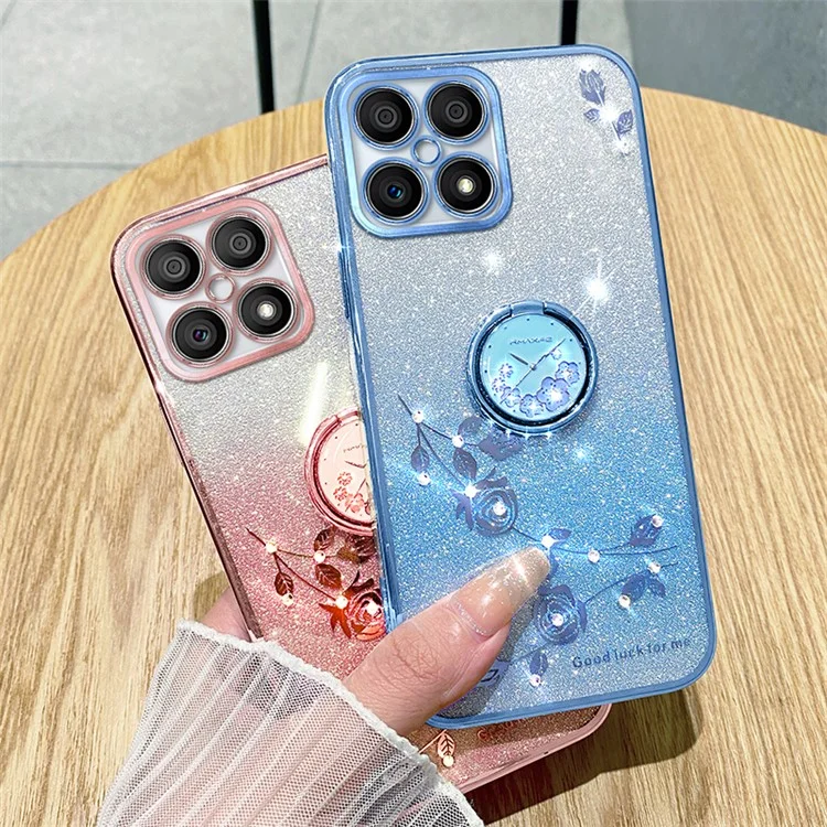 KADEM For Honor X8 4G / X30i Custodia per telefono TPU Glitter Gradient Anello di supporto Decorazione floreale con strass Antiurto - Blu 