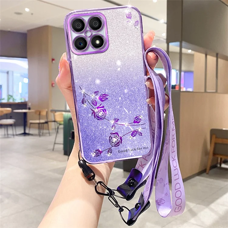KADEM For Honor X8 4G / X30i stoßfester Glitzer-Handyhülle mit Farbverlauf und Blumenmuster, TPU-Abdeckung mit Trageriemen - Lila