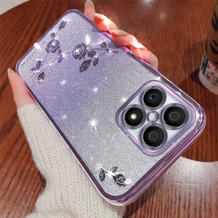 KADEM For Honor X8 4G / X30i stoßfester Glitzer-Handyhülle mit Farbverlauf und Blumenmuster, TPU-Abdeckung mit Trageriemen - Lila