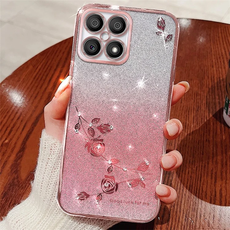 KADEM For Honor X30i / Honor X8 4G Funda de Teléfono con Flores de Diamantes Brillantes y Degradado - Rosa Dorado