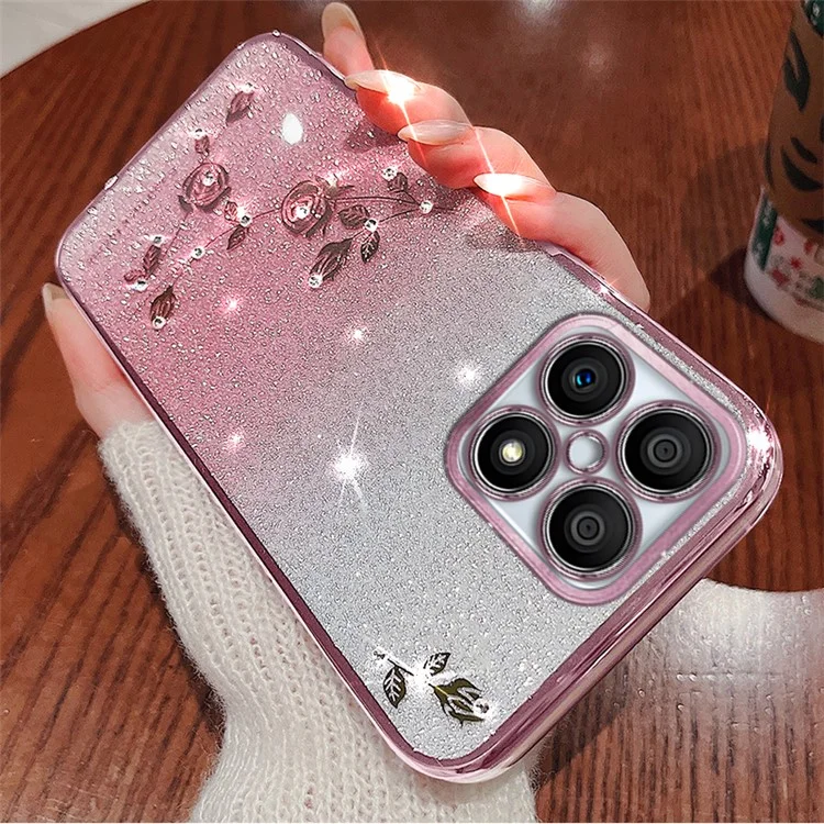 KADEM For Honor X30i / Honor X8 4G Funda de Teléfono con Flores de Diamantes Brillantes y Degradado - Rosa Dorado