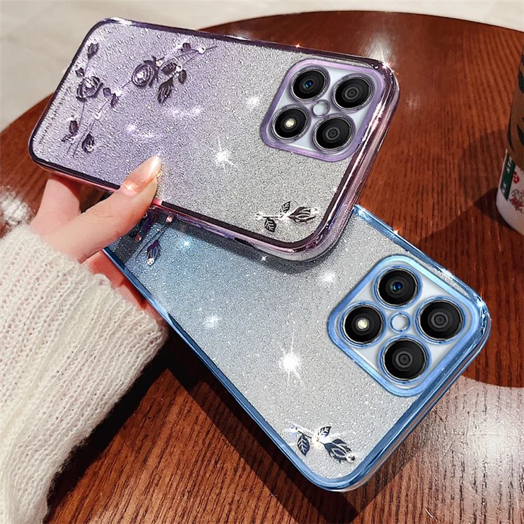 KADEM For Honor X30i / Honor X8 4G Funda de Teléfono con Flores de Diamantes Brillantes y Degradado - Rosa Dorado