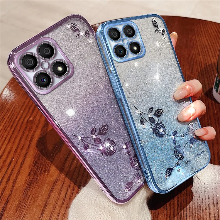 KADEM For Honor X30i / Honor X8 4G Funda de Teléfono con Flores de Diamantes Brillantes y Degradado - Rosa Dorado