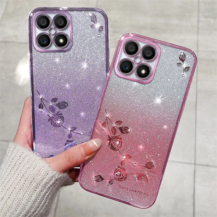 KADEM For Honor X30i / Honor X8 4G Funda de Teléfono con Flores de Diamantes Brillantes y Degradado - Rosa Dorado