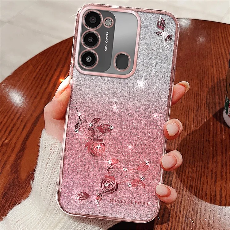 KADEM Custodia per telefono con Glitter Sfumati per TECNO Spark Go 2022 Custodia Protettiva TPU con Fiori Rhinestone - Rose Gold