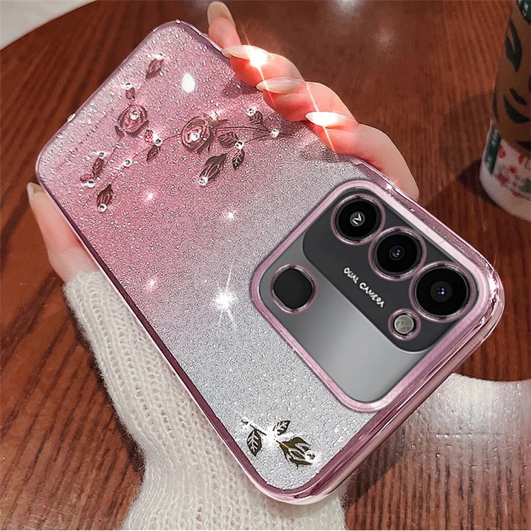KADEM Custodia per telefono con Glitter Sfumati per TECNO Spark Go 2022 Custodia Protettiva TPU con Fiori Rhinestone - Rose Gold