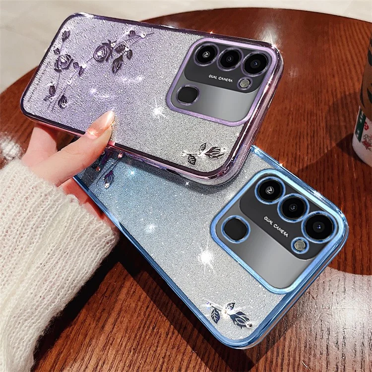 KADEM Custodia per telefono con Glitter Sfumati per TECNO Spark Go 2022 Custodia Protettiva TPU con Fiori Rhinestone - Rose Gold