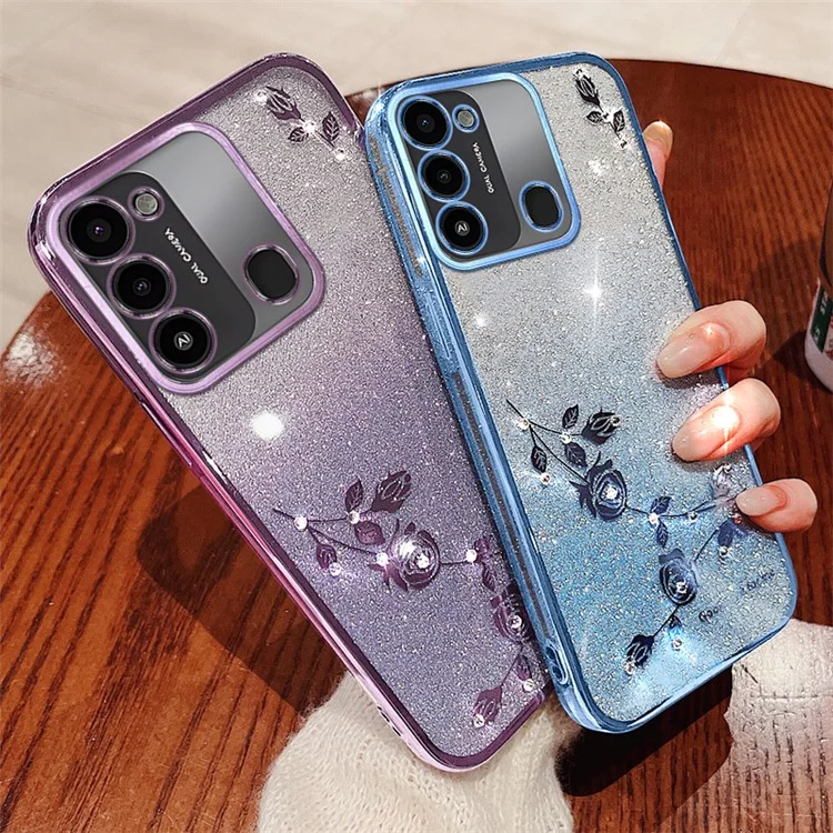 KADEM Custodia per telefono con Glitter Sfumati per TECNO Spark Go 2022 Custodia Protettiva TPU con Fiori Rhinestone - Rose Gold