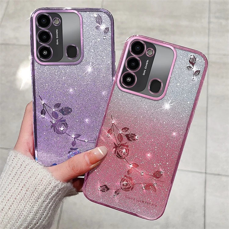 KADEM Custodia per telefono con Glitter Sfumati per TECNO Spark Go 2022 Custodia Protettiva TPU con Fiori Rhinestone - Rose Gold