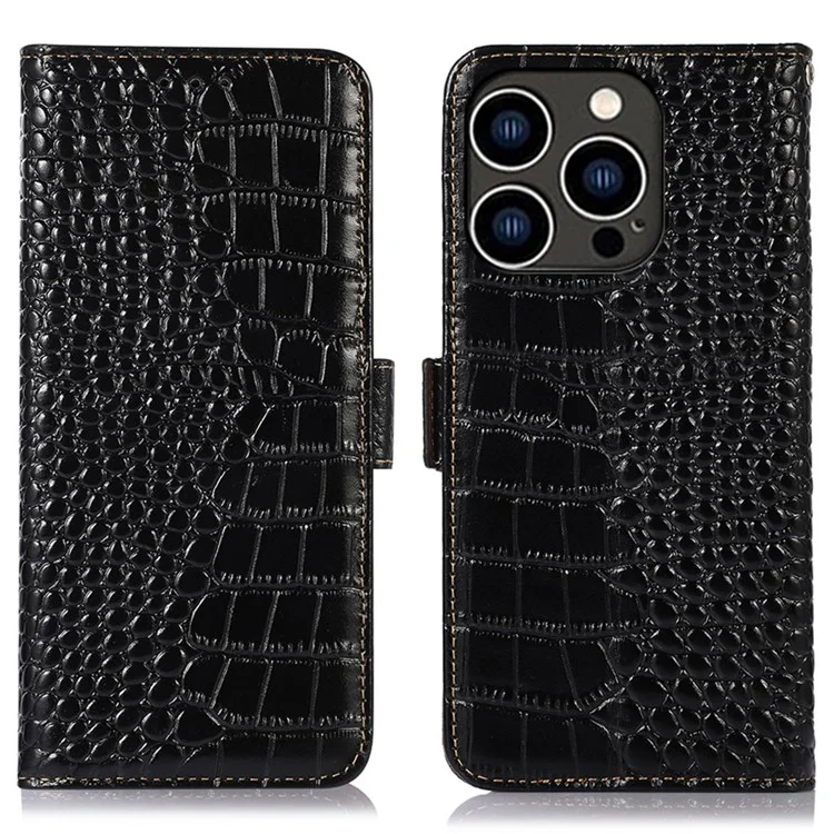Per iPhone 15 Pro RFID Blocking Phone Case Genuine Cow Leather Wallet Stand Anti-drop Cover - Nero