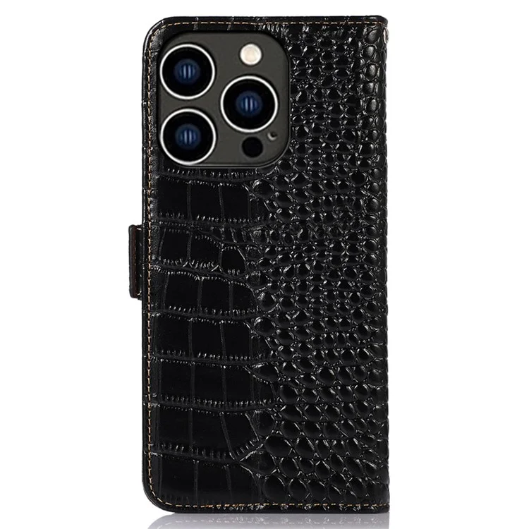 Per iPhone 15 Pro RFID Blocking Phone Case Genuine Cow Leather Wallet Stand Anti-drop Cover - Nero