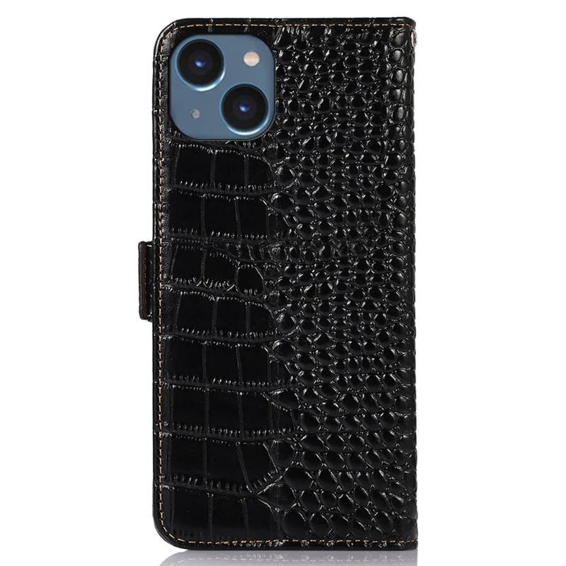 For iPhone 15 Plus RFID Blocking Phone Case Shockproof Genuine Cow Leather Wallet Stand Cover - Black