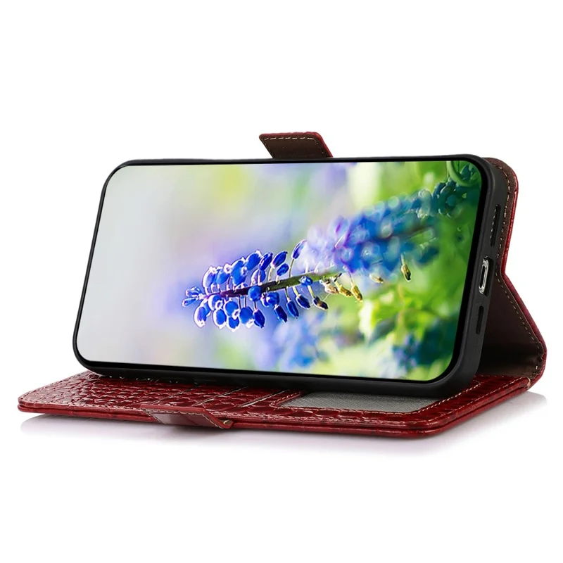 For iPhone 15 Plus RFID Blocking Phone Case Shockproof Genuine Cow Leather Wallet Stand Cover - Red