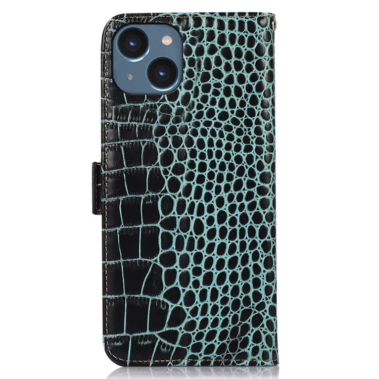 Per iPhone 15 Plus RFID Blocking Phone Case Shockproof Genuine Cow Leather Wallet Stand Cover - Verde