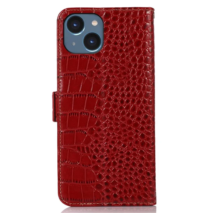 Per iPhone 15 RFID Blocking Phone Case Genuine Cow Leather Wallet Stand Drop-proof Cover - Red