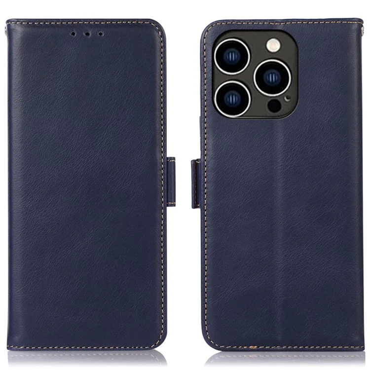 Pour iPhone 15 Pro Crazy Horse Texture RFID Blocking Wallet Phone Cover Genuine Cow Leather Stand Case - Bleu