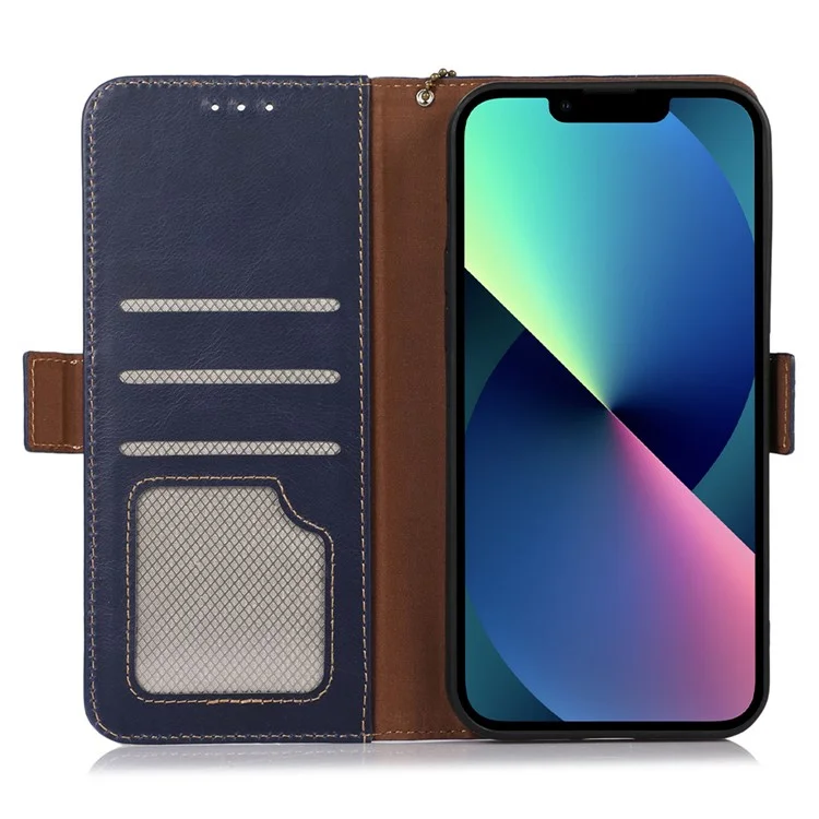 Pour iPhone 15 Pro Crazy Horse Texture RFID Blocking Wallet Phone Cover Genuine Cow Leather Stand Case - Bleu