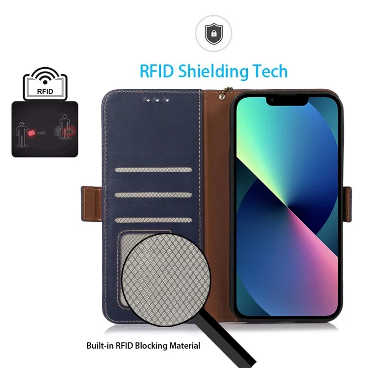 Pour iPhone 15 Pro Crazy Horse Texture RFID Blocking Wallet Phone Cover Genuine Cow Leather Stand Case - Bleu
