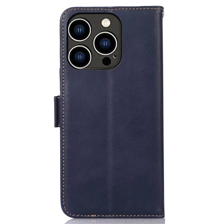 Pour iPhone 15 Pro Crazy Horse Texture RFID Blocking Wallet Phone Cover Genuine Cow Leather Stand Case - Bleu
