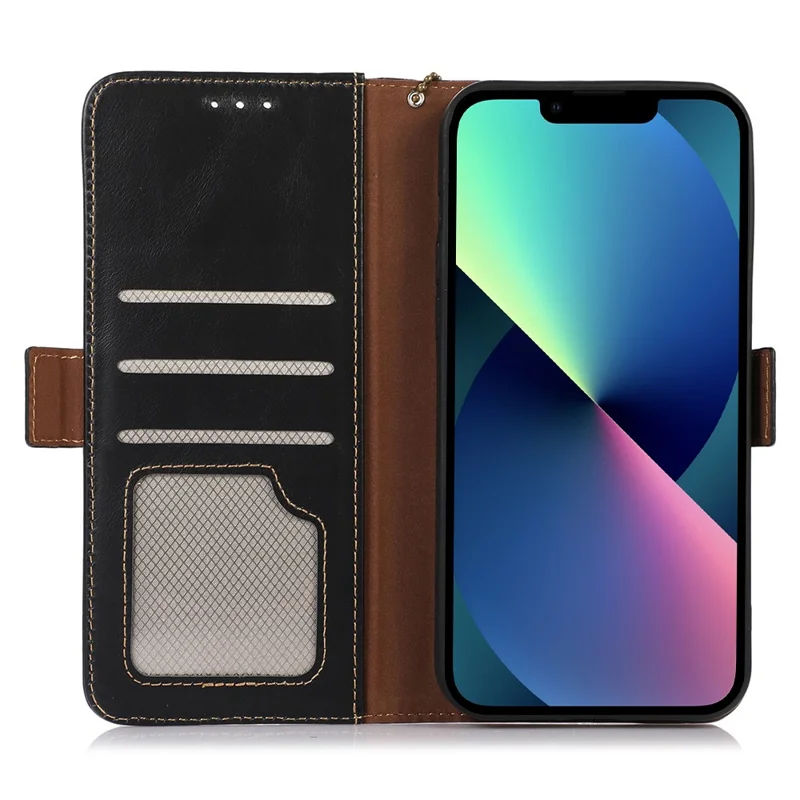 Phone Cover for iPhone 15 Crazy Horse Texture RFID Blocking Wallet Genuine Cow Leather Stand Case - Black