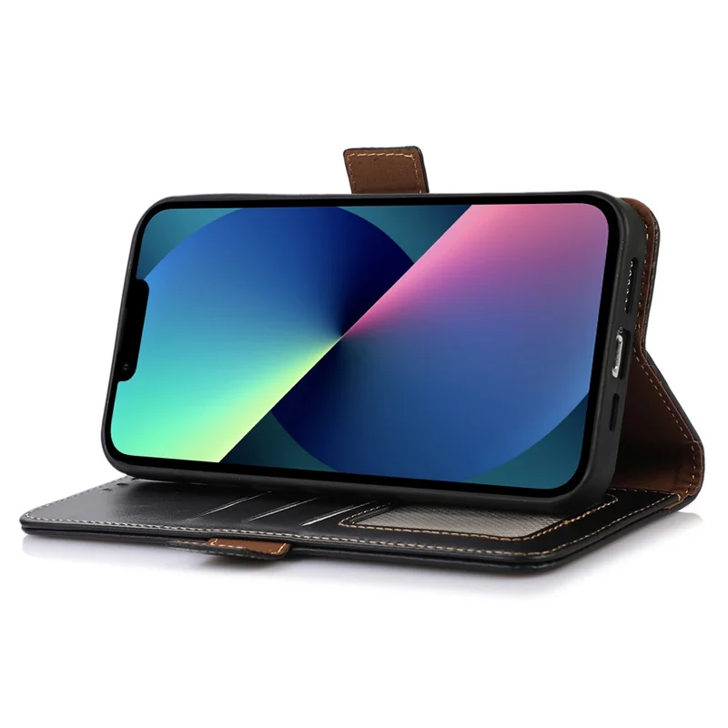 Phone Cover for iPhone 15 Crazy Horse Texture RFID Blocking Wallet Genuine Cow Leather Stand Case - Black