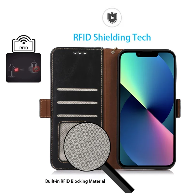 Phone Cover for iPhone 15 Crazy Horse Texture RFID Blocking Wallet Genuine Cow Leather Stand Case - Black