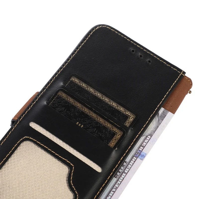 Phone Stand Cover for iPhone 15 Plus Crazy Horse Texture Genuine Cow Leather RFID Blocking Wallet Case - Black