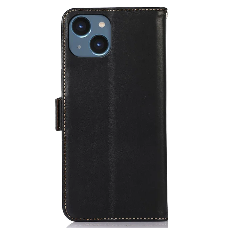 Phone Stand Cover for iPhone 15 Plus Crazy Horse Texture Genuine Cow Leather RFID Blocking Wallet Case - Black