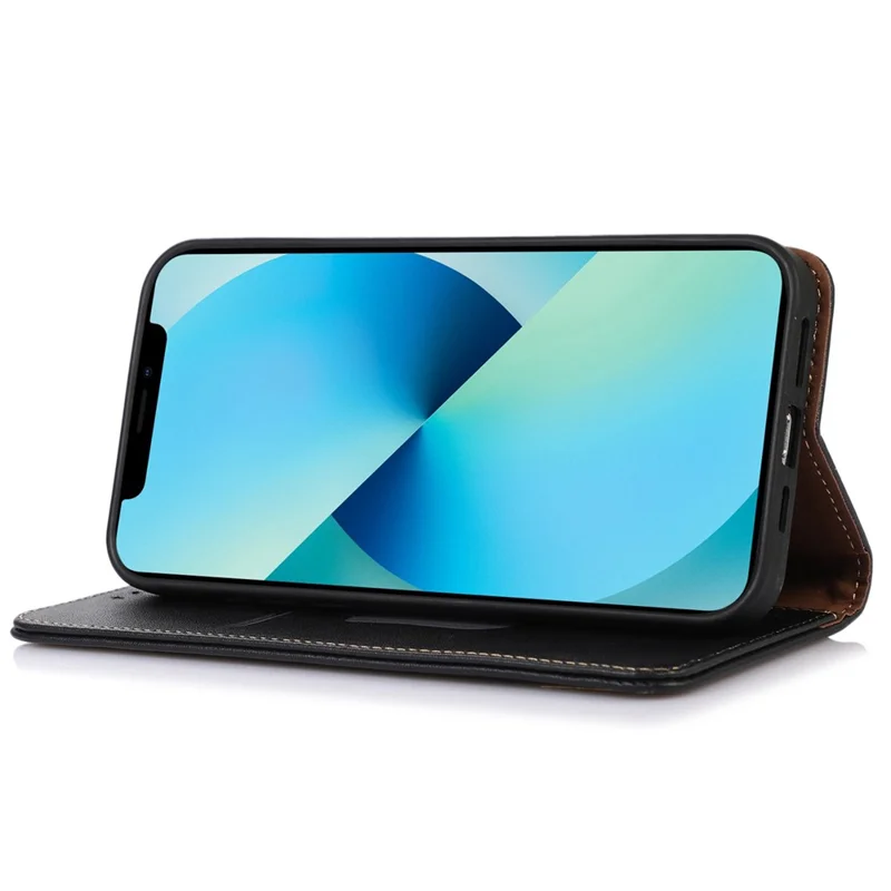 KHAZNEH Per iPhone 15 Anti-caduta RFID Blocking Wallet Phone Case Genuine Cow Leather Stand Cover - Nero