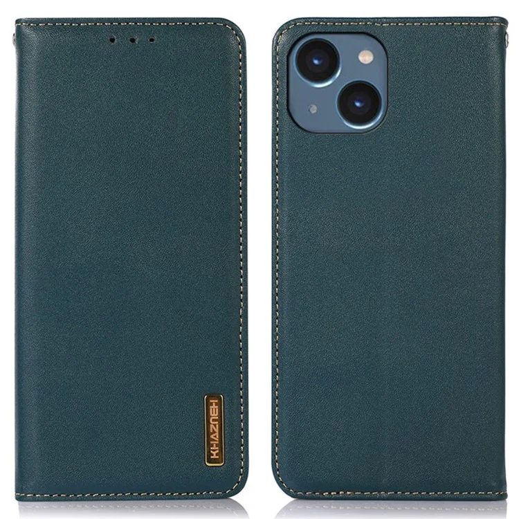 KHAZNEH Pour iPhone 15 Anti-drop RFID Blocking Wallet Phone Case Genuine Cow Leather Stand Cover - Vert