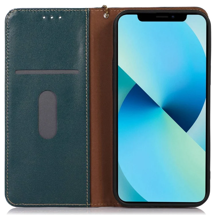 KHAZNEH Pour iPhone 15 Anti-drop RFID Blocking Wallet Phone Case Genuine Cow Leather Stand Cover - Vert