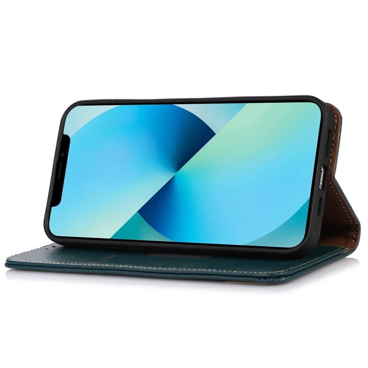 KHAZNEH Pour iPhone 15 Anti-drop RFID Blocking Wallet Phone Case Genuine Cow Leather Stand Cover - Vert