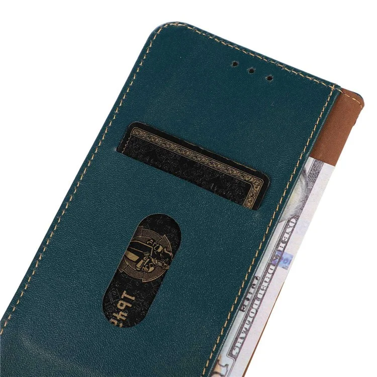 KHAZNEH Pour iPhone 15 Anti-drop RFID Blocking Wallet Phone Case Genuine Cow Leather Stand Cover - Vert