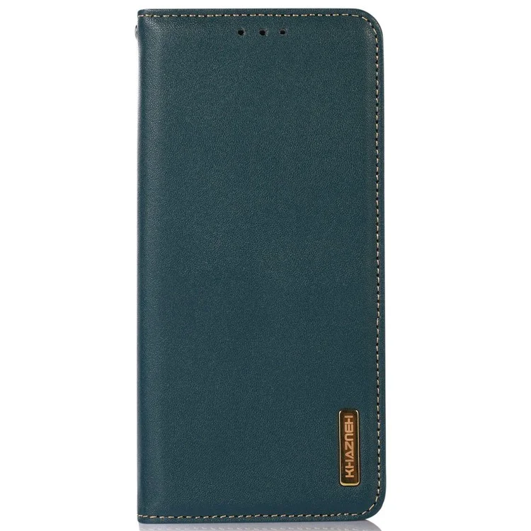 KHAZNEH Pour iPhone 15 Anti-drop RFID Blocking Wallet Phone Case Genuine Cow Leather Stand Cover - Vert
