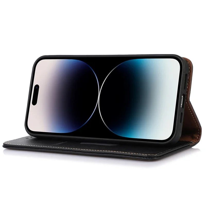 KHAZNEH Para iPhone 15 Pro Cowhide Leather Wallet Phone Case RFID Blocking Flip Stand Cover - Black