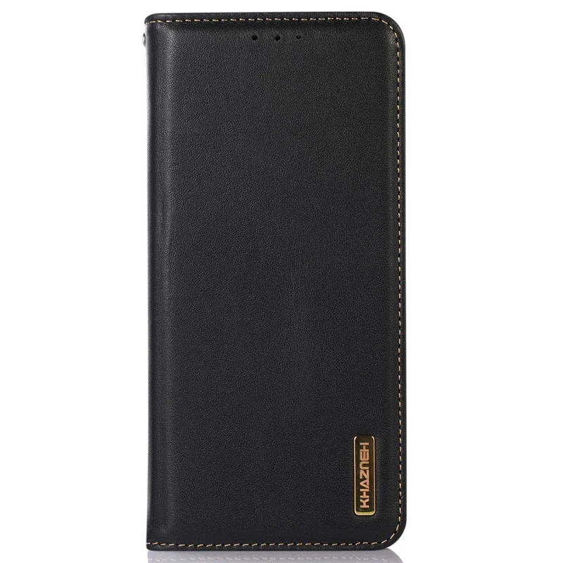 KHAZNEH Para iPhone 15 Pro Cowhide Leather Wallet Phone Case RFID Blocking Flip Stand Cover - Black