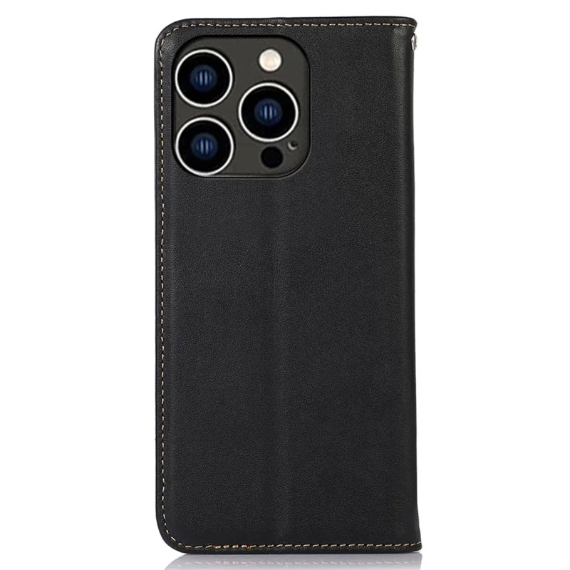 KHAZNEH Para iPhone 15 Pro Cowhide Leather Wallet Phone Case RFID Blocking Flip Stand Cover - Black