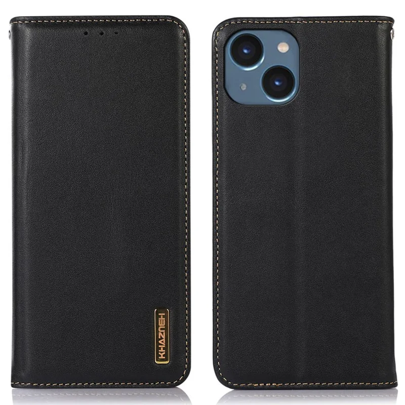 KHAZNEH For iPhone 15 Plus RFID Blocking Wallet Phone Case Cowhide Leather Anti-drop Stand Cover - Black