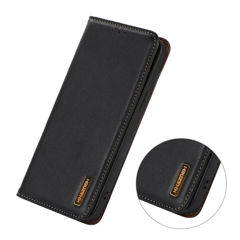 KHAZNEH For iPhone 15 Plus RFID Blocking Wallet Phone Case Cowhide Leather Anti-drop Stand Cover - Black