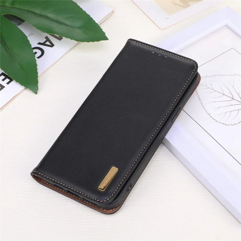 KHAZNEH For iPhone 15 Plus RFID Blocking Wallet Phone Case Cowhide Leather Anti-drop Stand Cover - Black