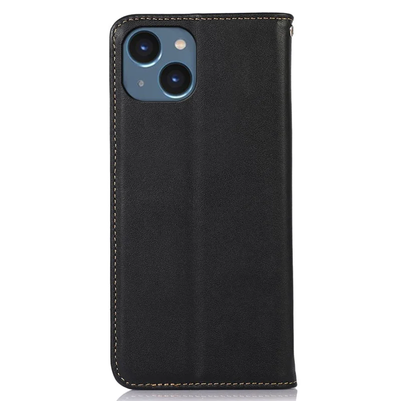 KHAZNEH For iPhone 15 Plus RFID Blocking Wallet Phone Case Cowhide Leather Anti-drop Stand Cover - Black