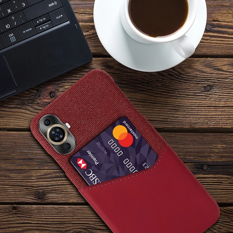Card Holder Phone Case for Huawei nova 11 / nova 12s 4G / nova 12 Lite 4G , PU Leather Coated PC Cloth Texture Phone Cover - Red