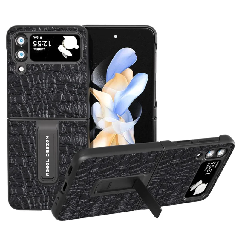 ABEEL لجهاز Samsung Galaxy Z Flip4 5G غطاء واقي من جلد البقر الأصلي + غطاء داخلي من مادة البولي كربونات الصلبة مع حامل لهاتف - أسود
