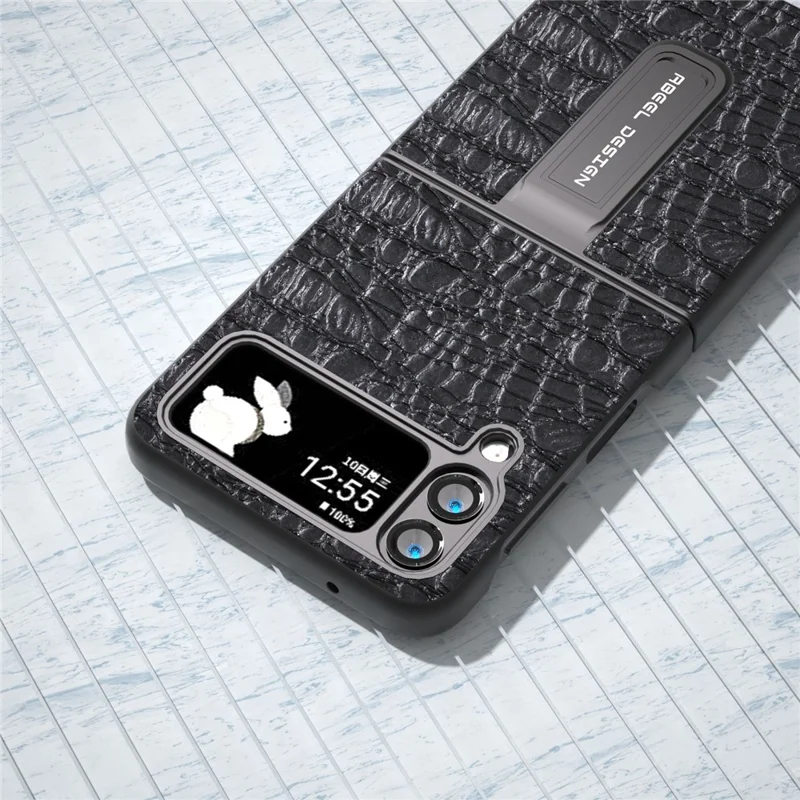 ABEEL لجهاز Samsung Galaxy Z Flip4 5G غطاء واقي من جلد البقر الأصلي + غطاء داخلي من مادة البولي كربونات الصلبة مع حامل لهاتف - أسود