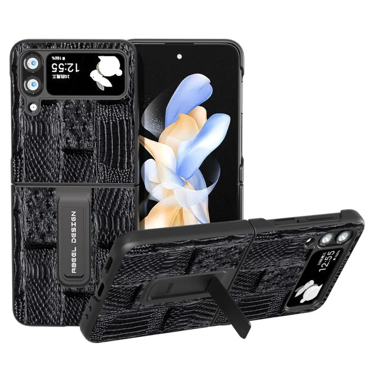 ABEEL Pour Samsung Galaxy Z Flip4 5G Mahjong Texture Anti-slip Case Genuine Cow Leather+PC Kickstand Phone Cover - Noir