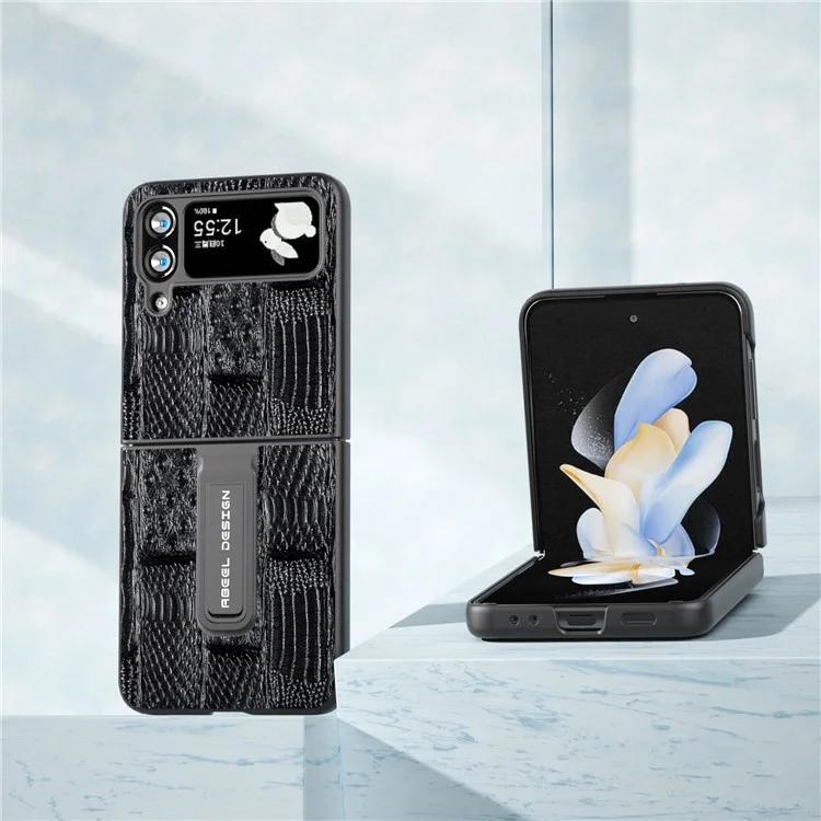 ABEEL Pour Samsung Galaxy Z Flip4 5G Mahjong Texture Anti-slip Case Genuine Cow Leather+PC Kickstand Phone Cover - Noir