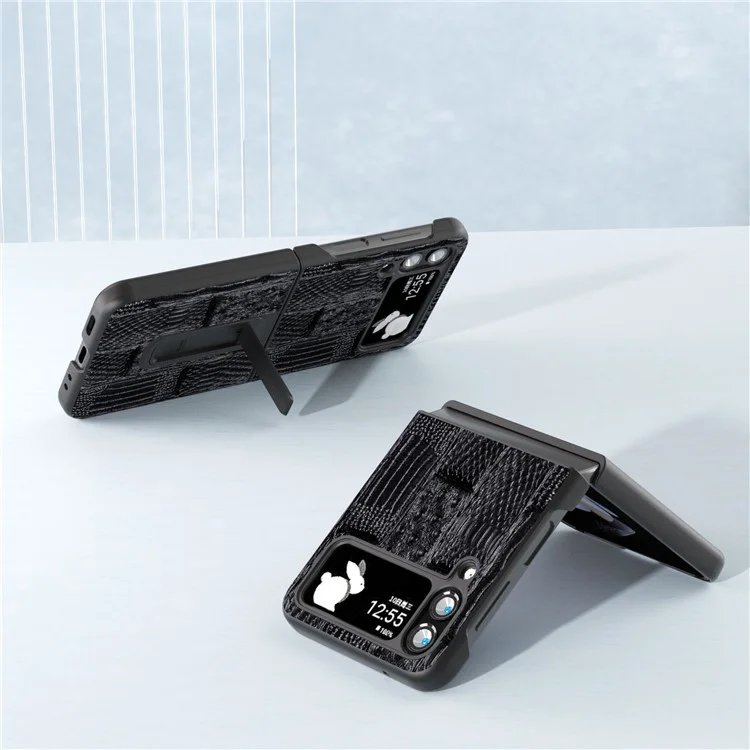 ABEEL Pour Samsung Galaxy Z Flip4 5G Mahjong Texture Anti-slip Case Genuine Cow Leather+PC Kickstand Phone Cover - Noir
