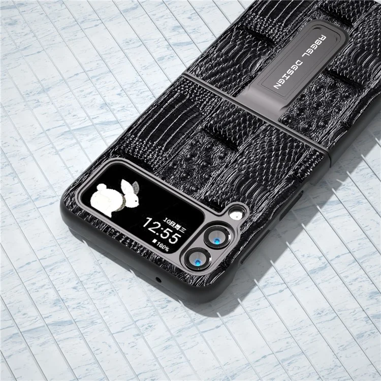 ABEEL Pour Samsung Galaxy Z Flip4 5G Mahjong Texture Anti-slip Case Genuine Cow Leather+PC Kickstand Phone Cover - Noir