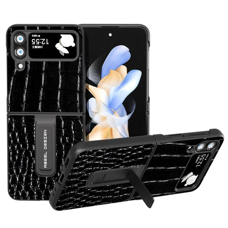 ABEEL für Samsung Galaxy Z Flip4 5G Kickstand Armor Cover Genuine Cow Leather+PC Crocodile Texture Phone Case - Schwarz