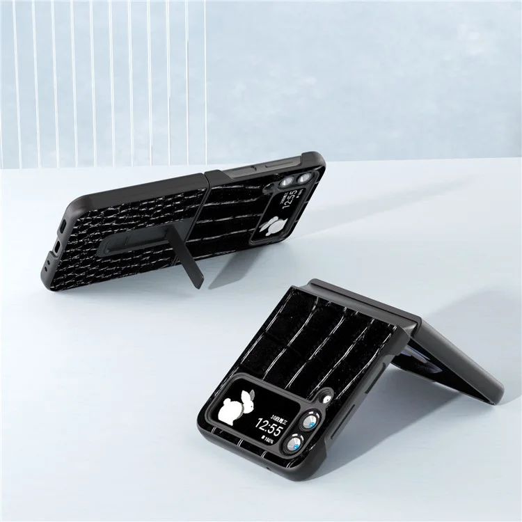 ABEEL für Samsung Galaxy Z Flip4 5G Kickstand Armor Cover Genuine Cow Leather+PC Crocodile Texture Phone Case - Schwarz